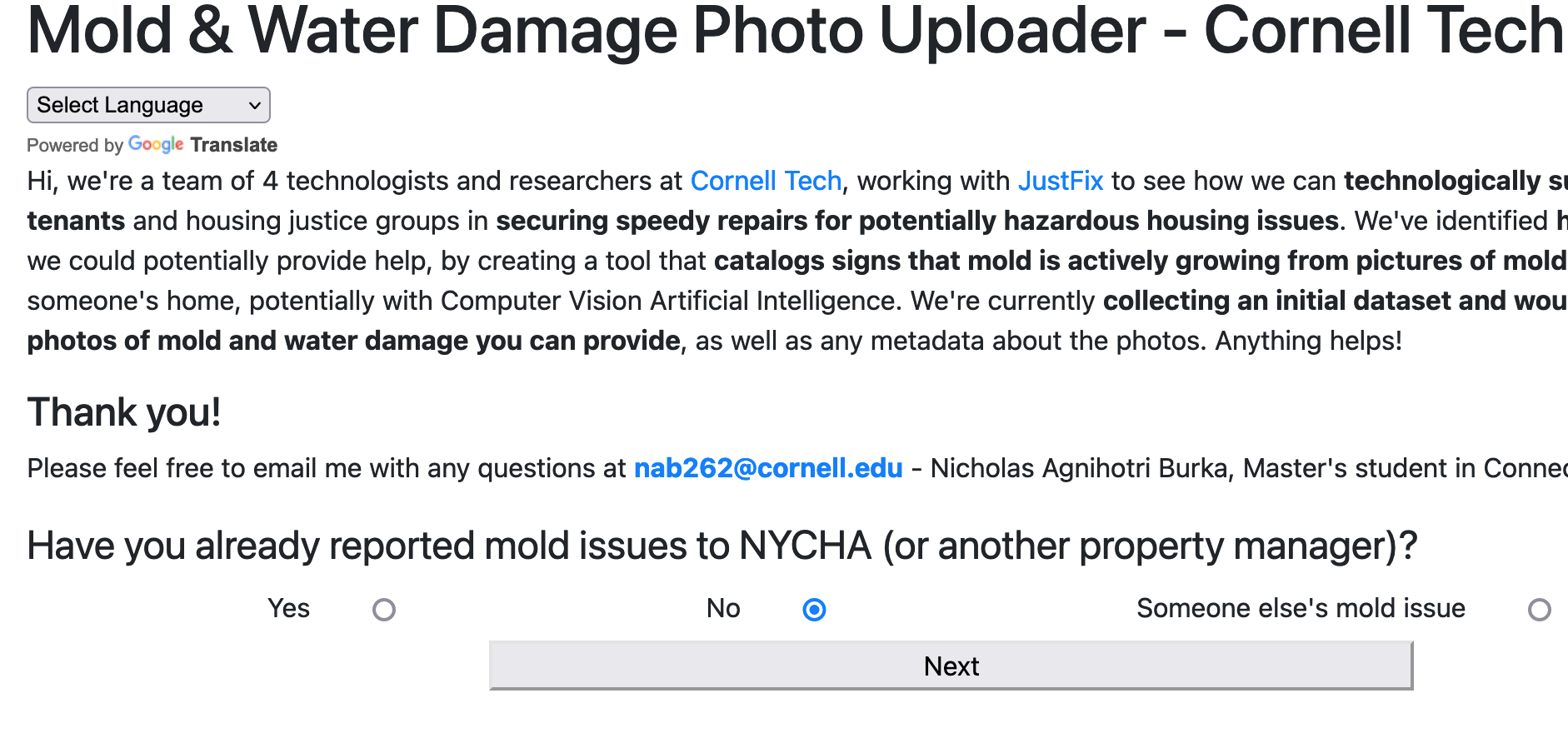 a mold photo upload form's homepage