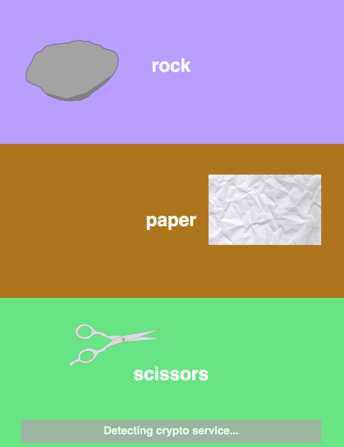 the landing page for a web3 rock, paper, scissors game, with pictures of each
